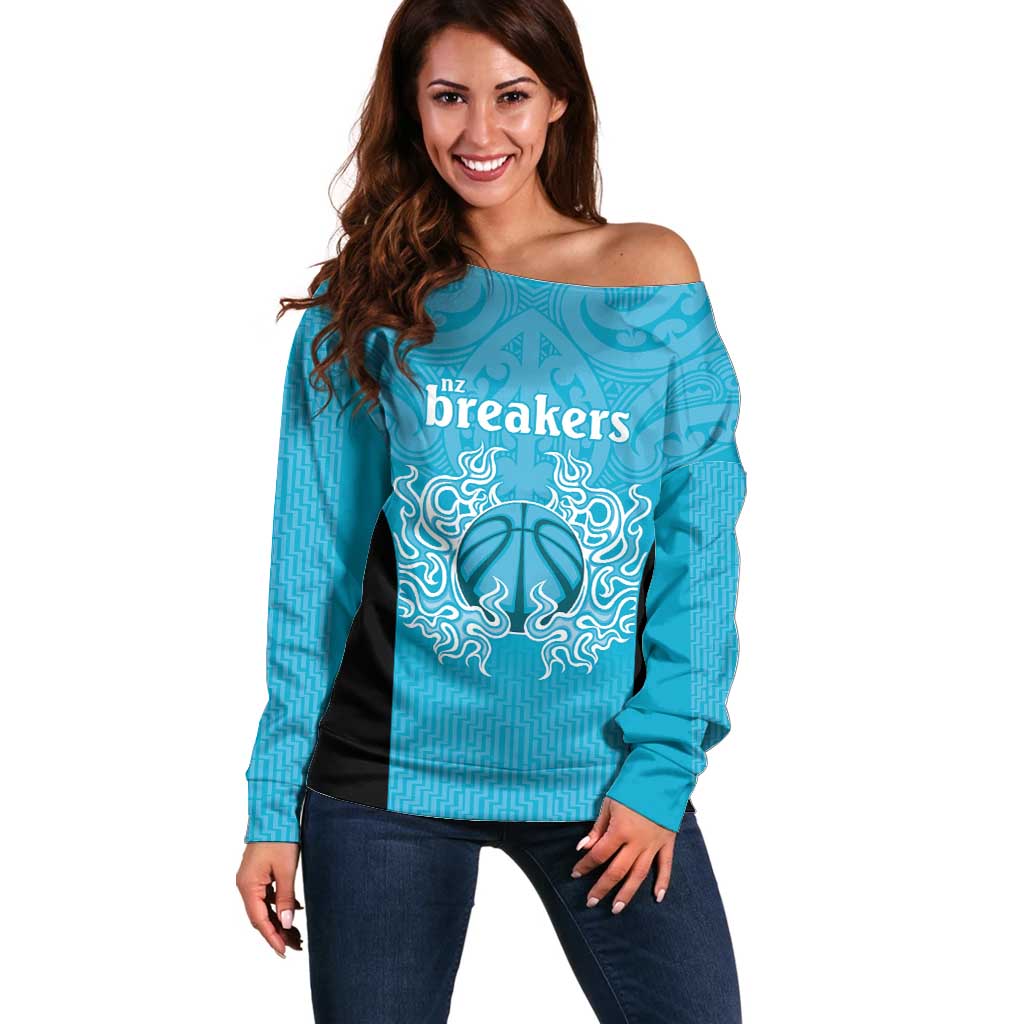 New Zealand Custom Off Shoulder Sweater Fire Basketball Maori Tribal Sky Blue - Aussie Hoodie