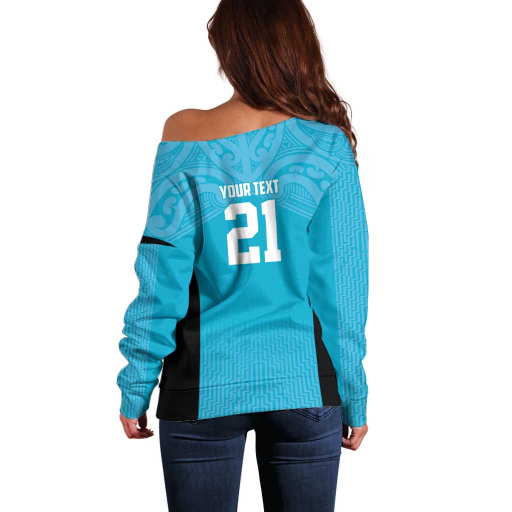 New Zealand Custom Off Shoulder Sweater Fire Basketball Maori Tribal Sky Blue - Aussie Hoodie