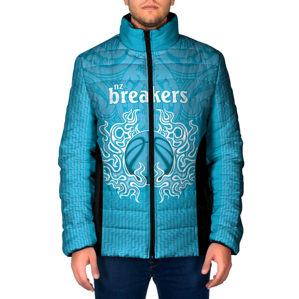 New Zealand Custom Padded Jacket Fire Basketball Maori Tribal Sky Blue - Aussie Hoodie