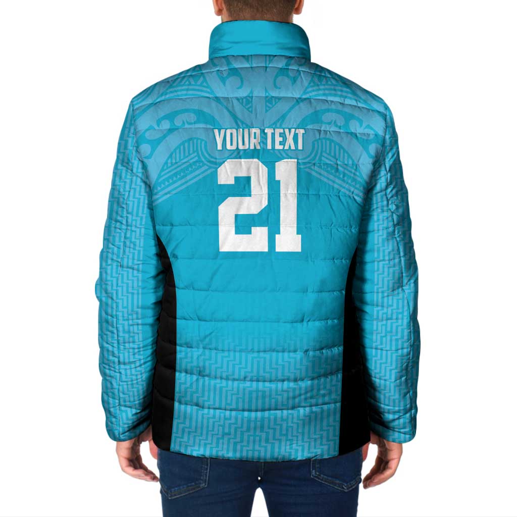 New Zealand Custom Padded Jacket Fire Basketball Maori Tribal Sky Blue - Aussie Hoodie