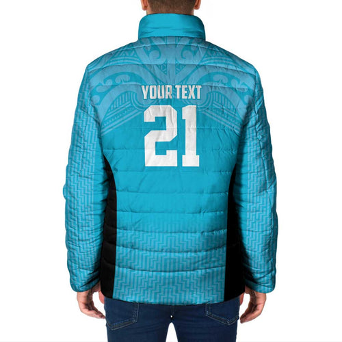New Zealand Custom Padded Jacket Fire Basketball Maori Tribal Sky Blue - Aussie Hoodie