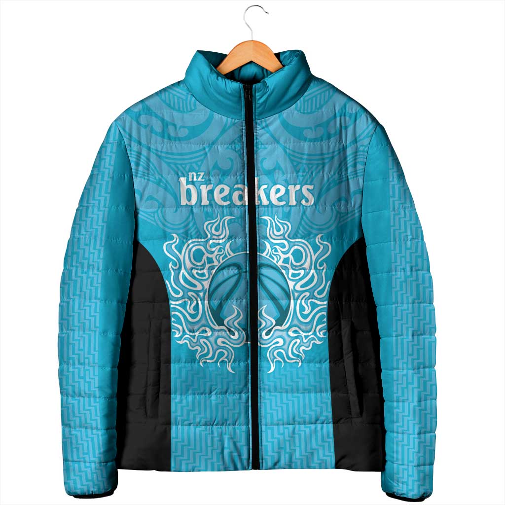 New Zealand Custom Padded Jacket Fire Basketball Maori Tribal Sky Blue - Aussie Hoodie