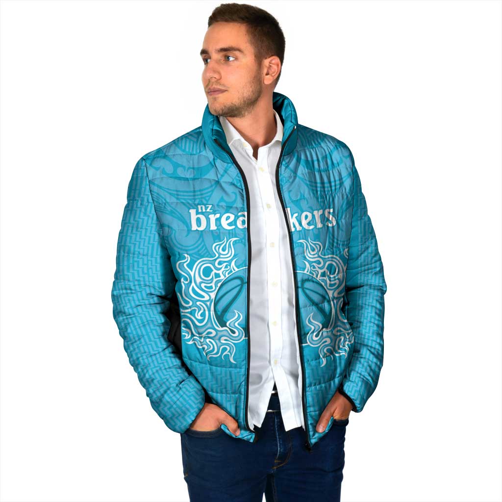 New Zealand Custom Padded Jacket Fire Basketball Maori Tribal Sky Blue - Aussie Hoodie