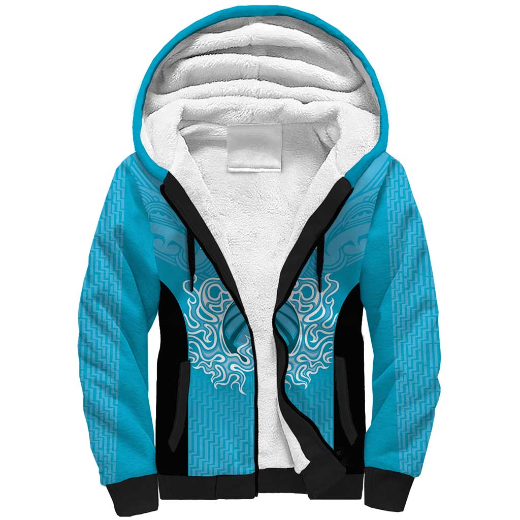 New Zealand Custom Sherpa Hoodie Fire Basketball Maori Tribal Sky Blue - Aussie Hoodie