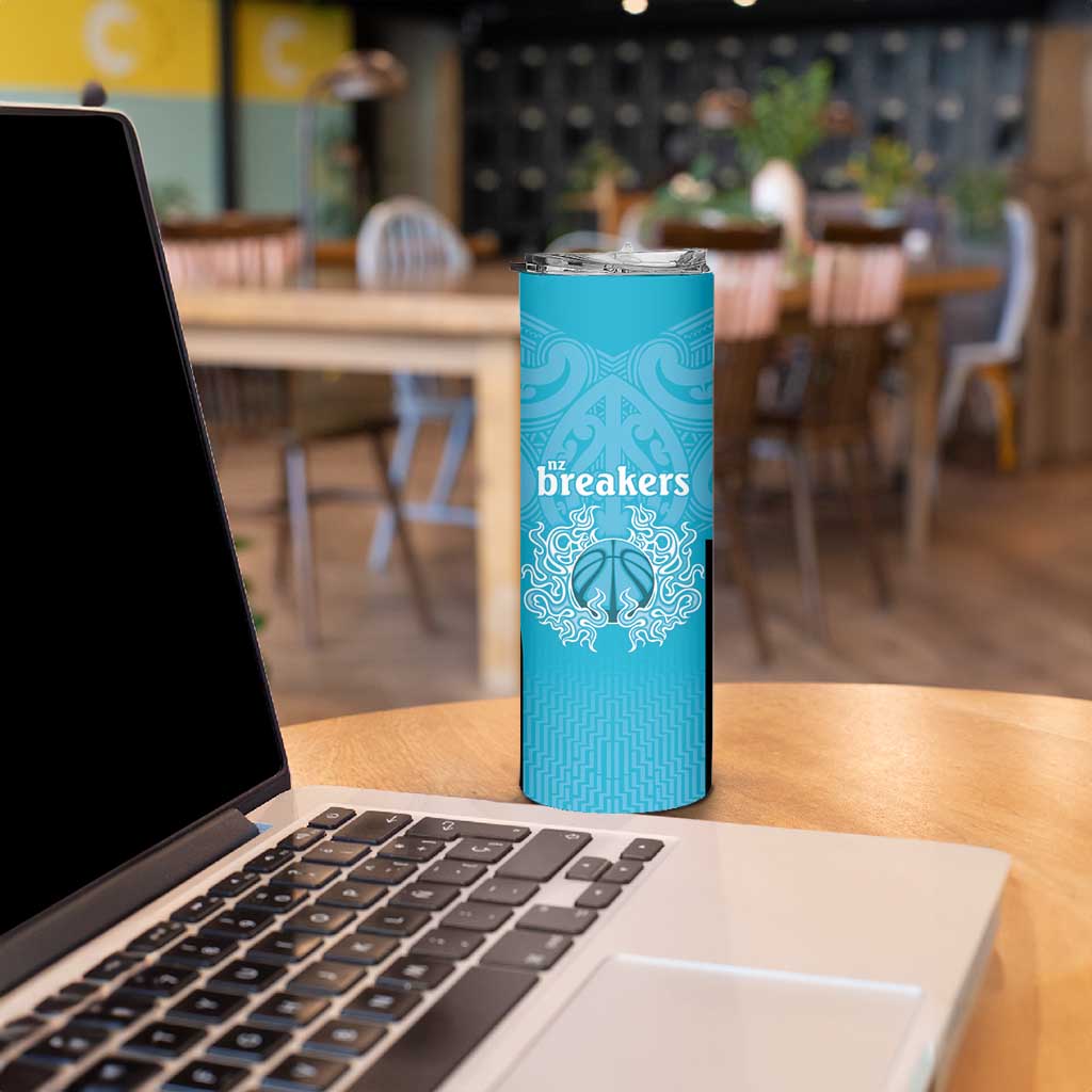 New Zealand Custom Skinny Tumbler Fire Basketball Maori Tribal Sky Blue - Aussie Hoodie