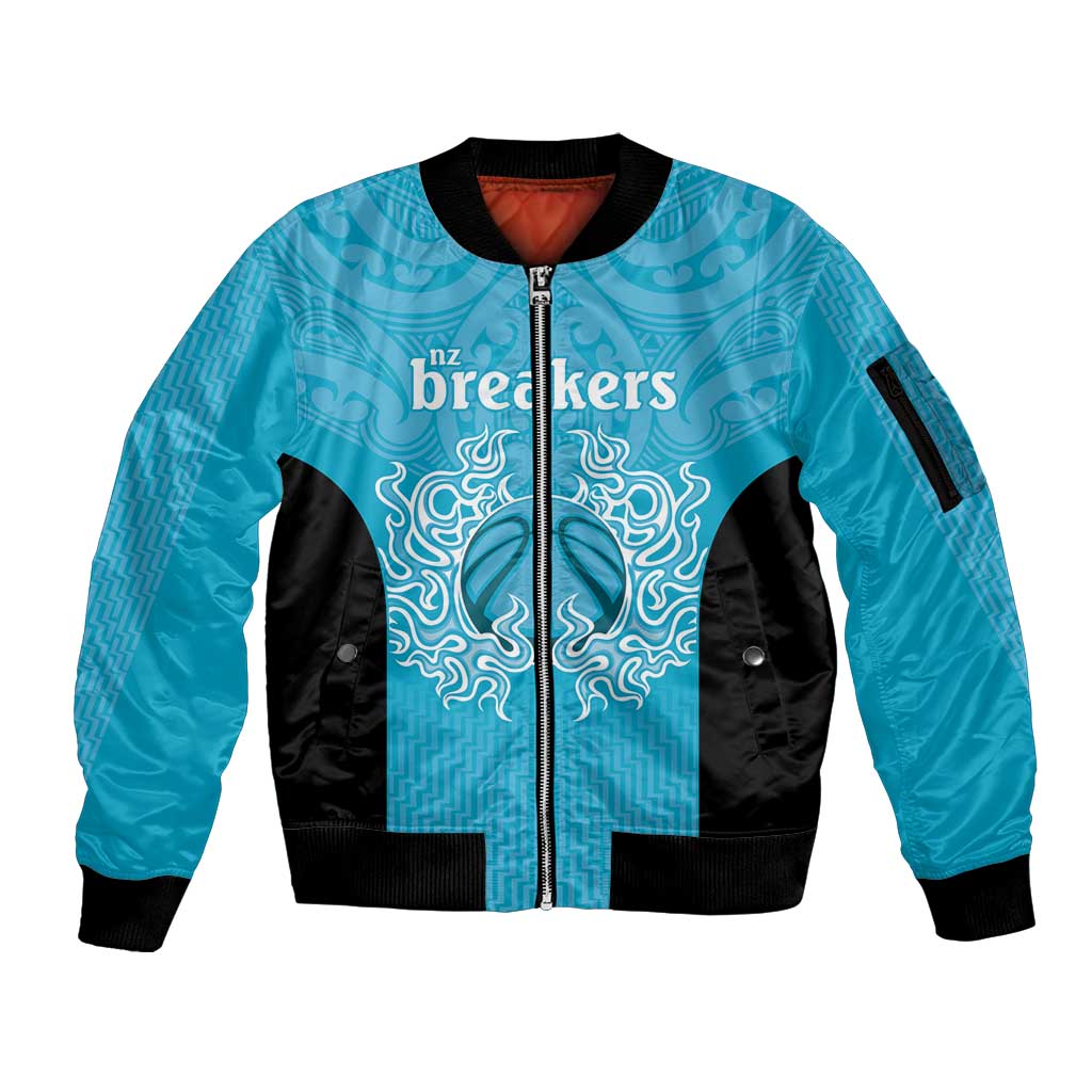 New Zealand Custom Sleeve Zip Bomber Jacket Fire Basketball Maori Tribal Sky Blue - Aussie Hoodie