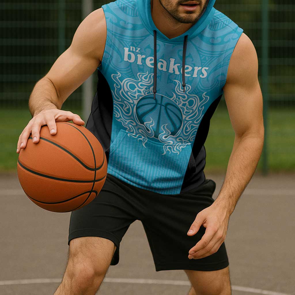 New Zealand Custom Sleeveless Hoodie Fire Basketball Maori Tribal Sky Blue - Aussie Hoodie