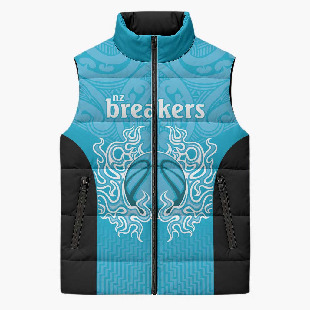 New Zealand Custom Sleeveless Puffer Jacket Fire Basketball Maori Tribal Sky Blue - Aussie Hoodie