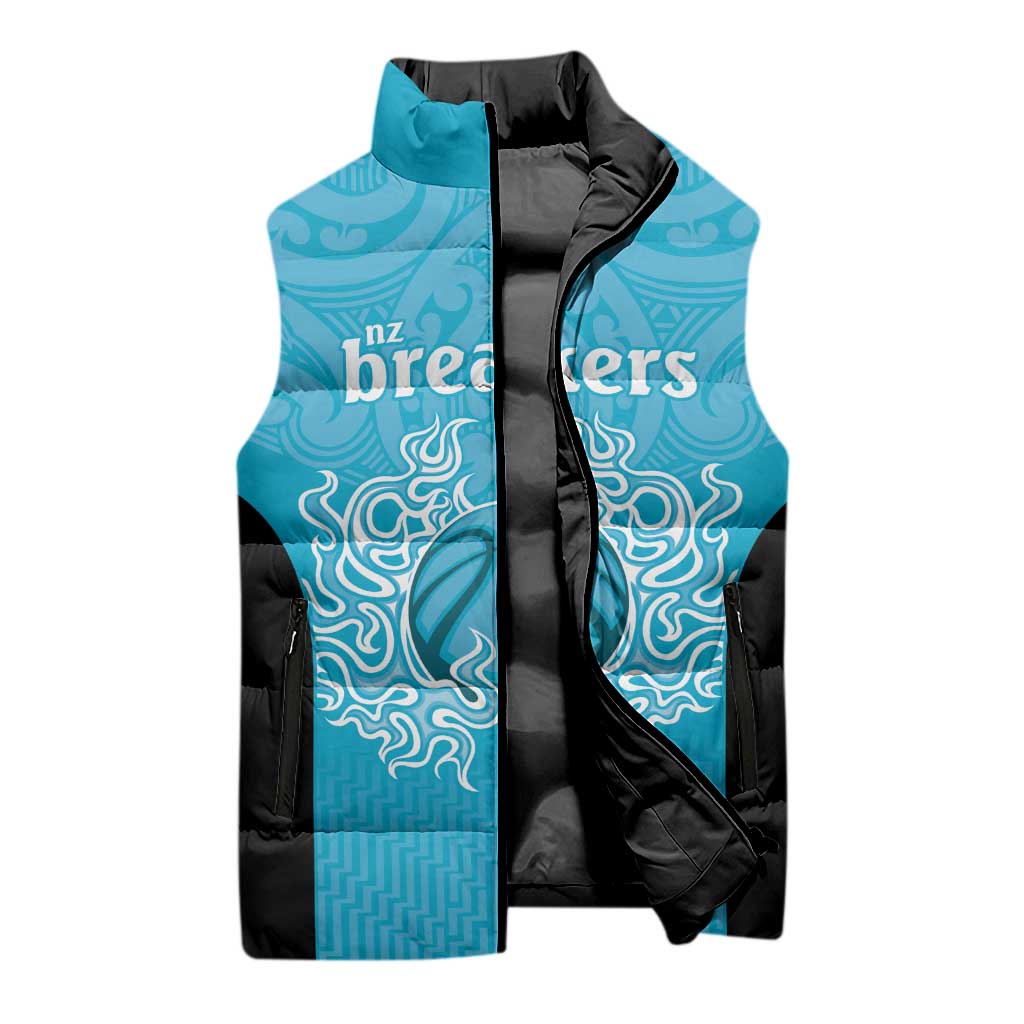 New Zealand Custom Sleeveless Puffer Jacket Fire Basketball Maori Tribal Sky Blue - Aussie Hoodie