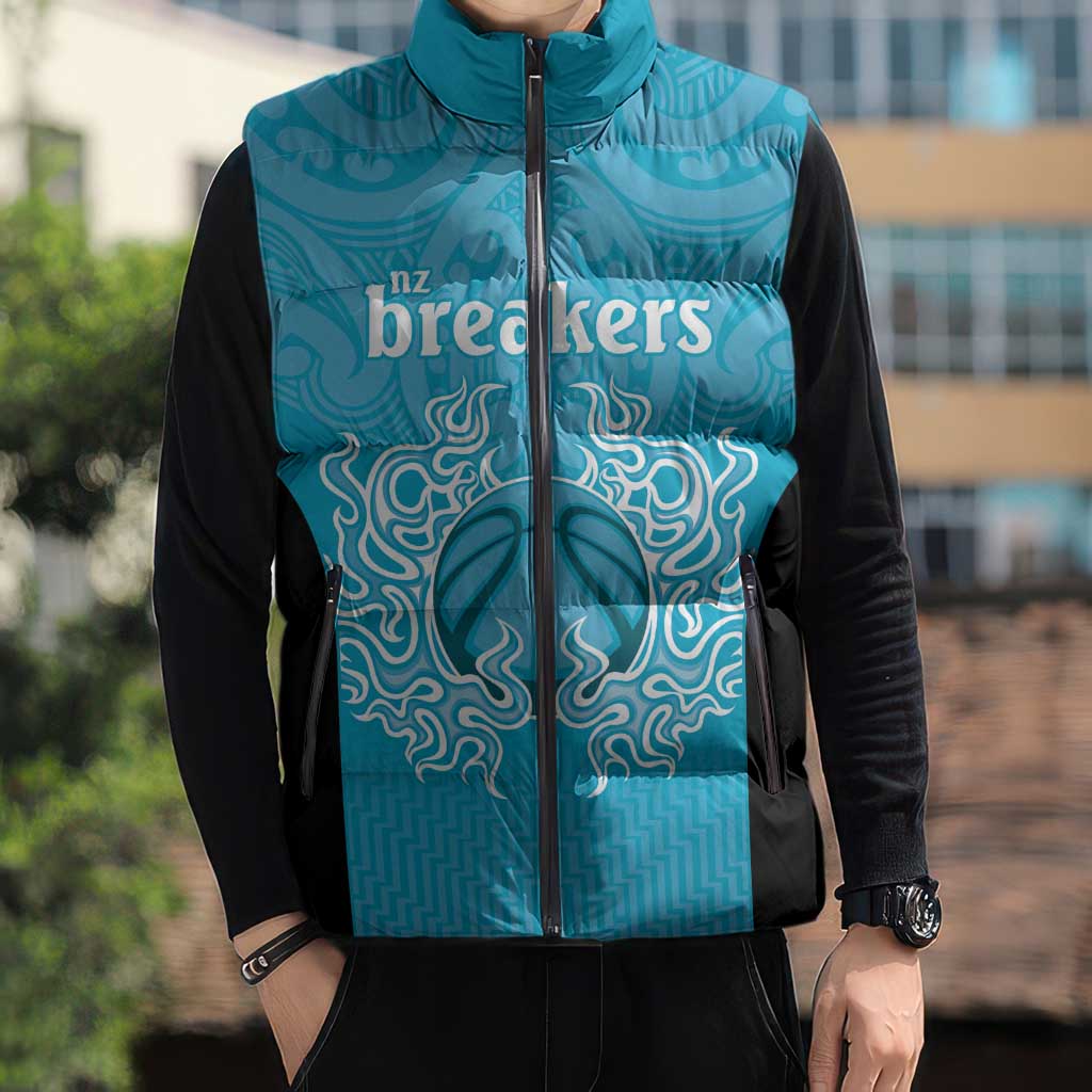 New Zealand Custom Sleeveless Puffer Jacket Fire Basketball Maori Tribal Sky Blue - Aussie Hoodie