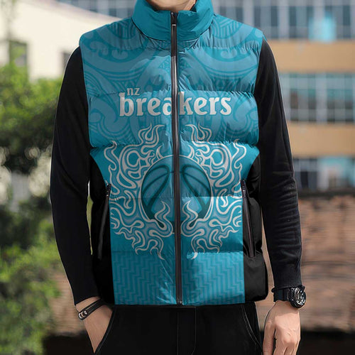 New Zealand Custom Sleeveless Puffer Jacket Fire Basketball Maori Tribal Sky Blue - Aussie Hoodie