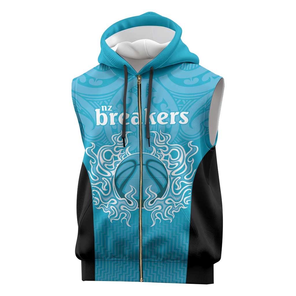 New Zealand Custom Sleeveless Zip Hoodie Fire Basketball Maori Tribal Sky Blue - Aussie Hoodie