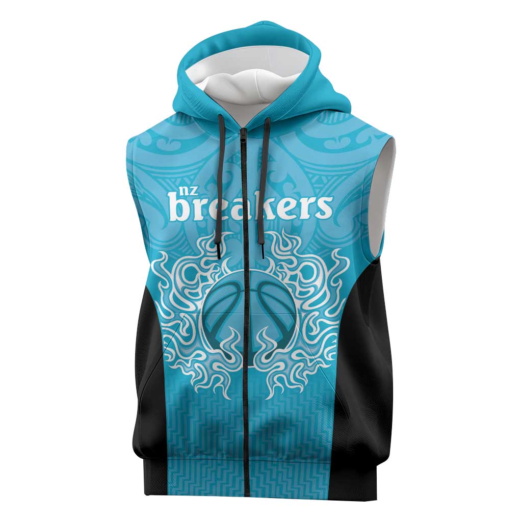 New Zealand Custom Sleeveless Zip Hoodie Fire Basketball Maori Tribal Sky Blue LT9
