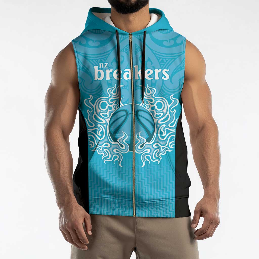 New Zealand Custom Sleeveless Zip Hoodie Fire Basketball Maori Tribal Sky Blue - Aussie Hoodie