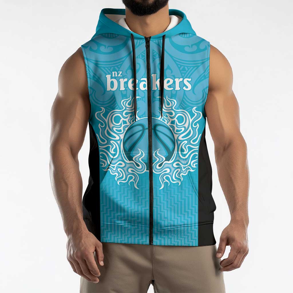 New Zealand Custom Sleeveless Zip Hoodie Fire Basketball Maori Tribal Sky Blue LT9