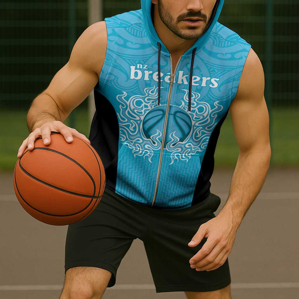 New Zealand Custom Sleeveless Zip Hoodie Fire Basketball Maori Tribal Sky Blue - Aussie Hoodie