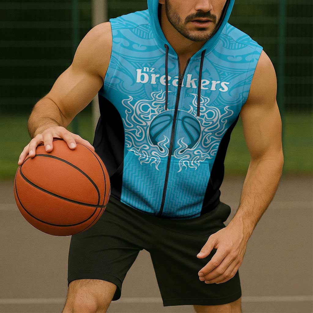 New Zealand Custom Sleeveless Zip Hoodie Fire Basketball Maori Tribal Sky Blue LT9