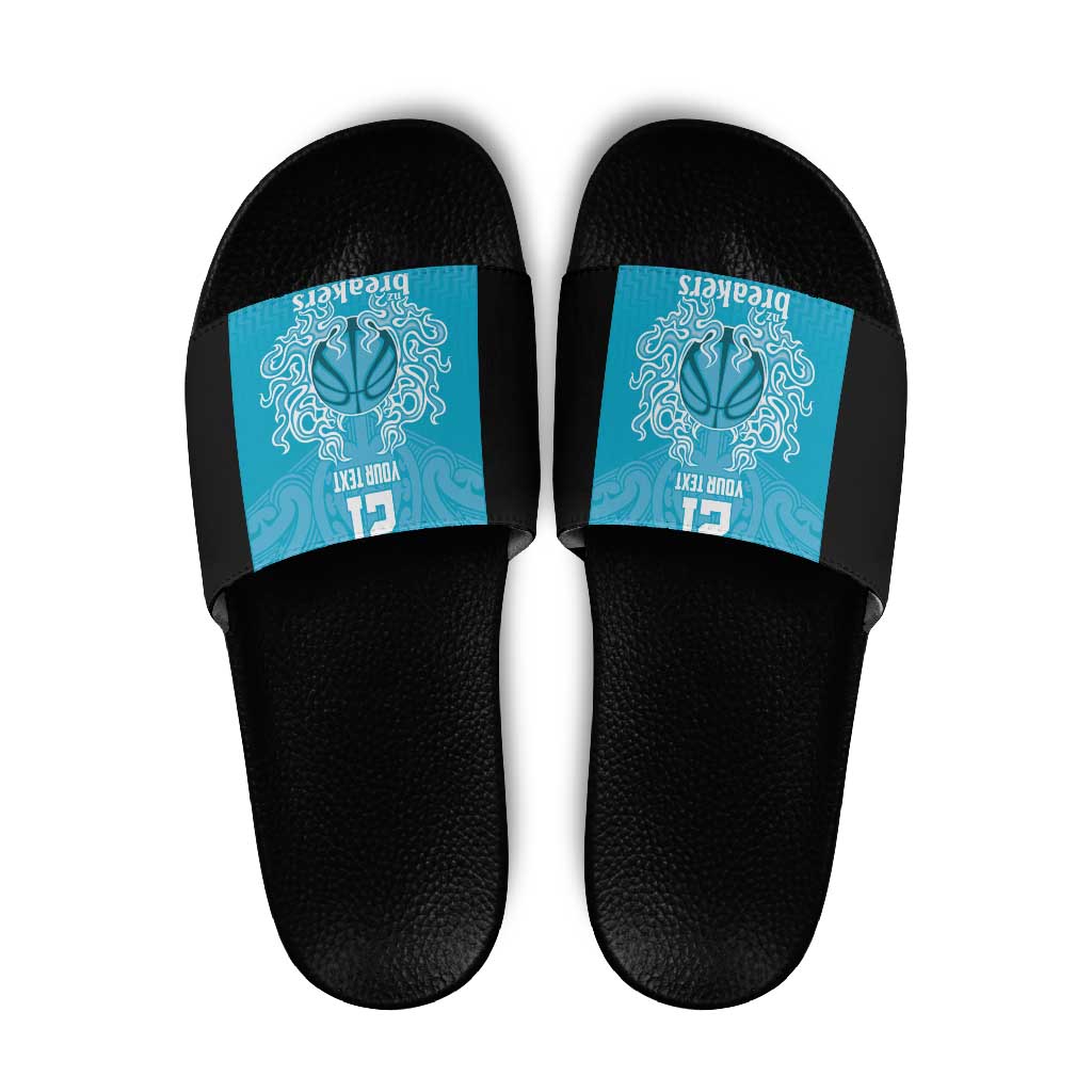New Zealand Custom Slide Sandals Fire Basketball Maori Tribal Sky Blue - Aussie Hoodie