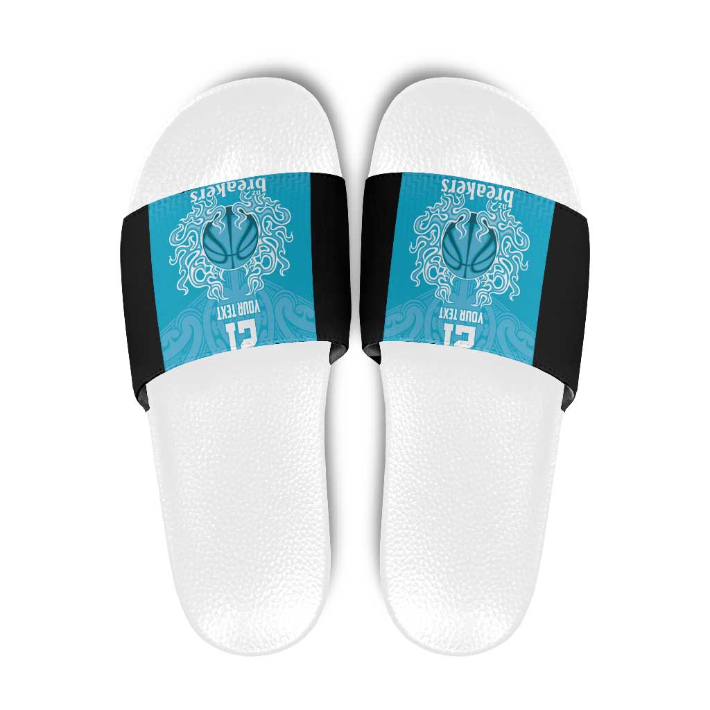 New Zealand Custom Slide Sandals Fire Basketball Maori Tribal Sky Blue - Aussie Hoodie