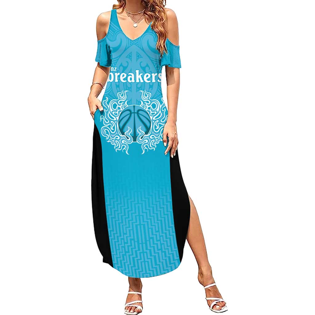New Zealand Custom Summer Maxi Dress Fire Basketball Maori Tribal Sky Blue - Aussie Hoodie