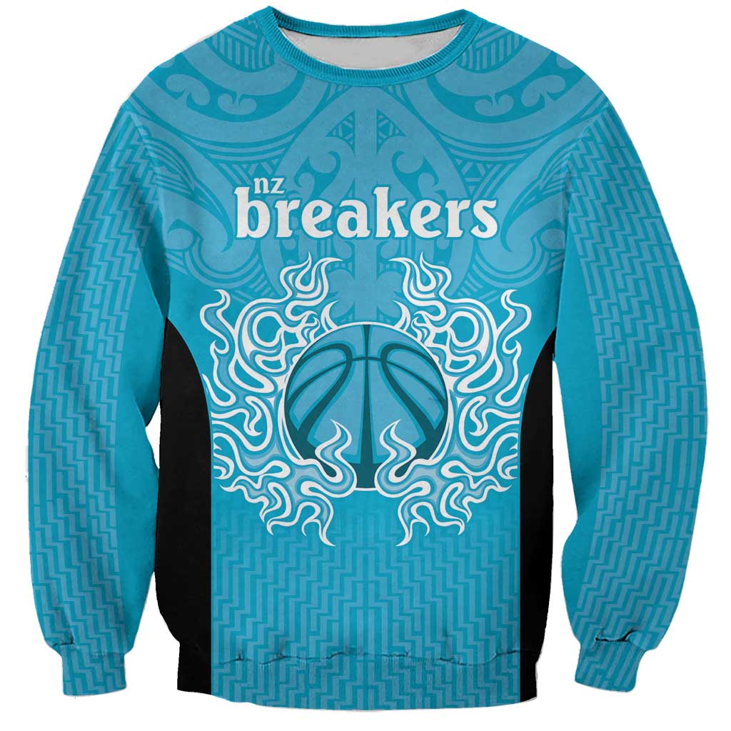 New Zealand Custom Sweatshirt Fire Basketball Maori Tribal Sky Blue - Aussie Hoodie
