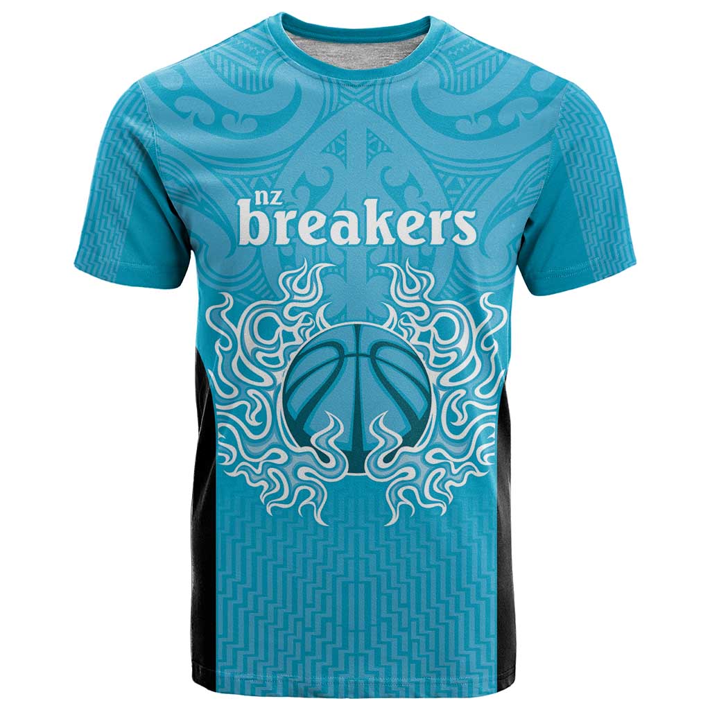 New Zealand Custom T Shirt Fire Basketball Maori Tribal Sky Blue - Aussie Hoodie