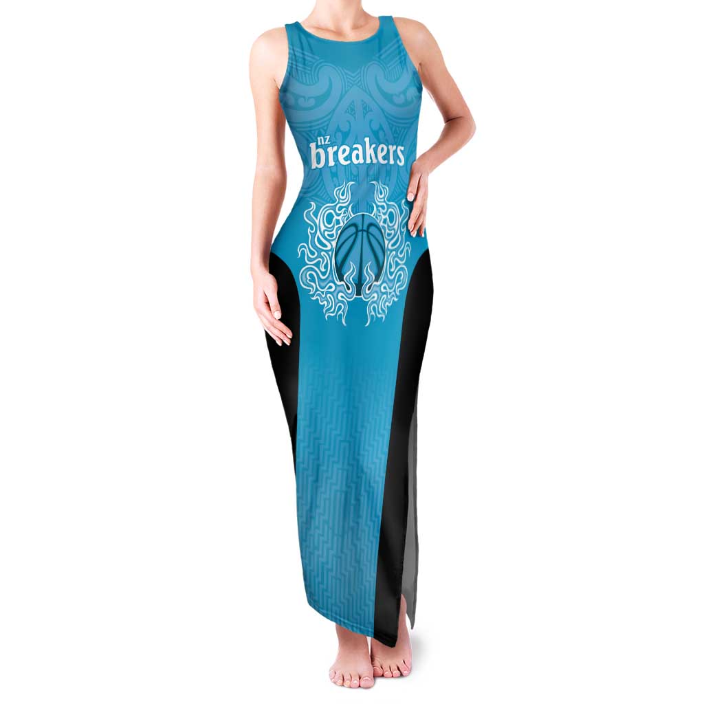 New Zealand Custom Tank Maxi Dress Fire Basketball Maori Tribal Sky Blue - Aussie Hoodie