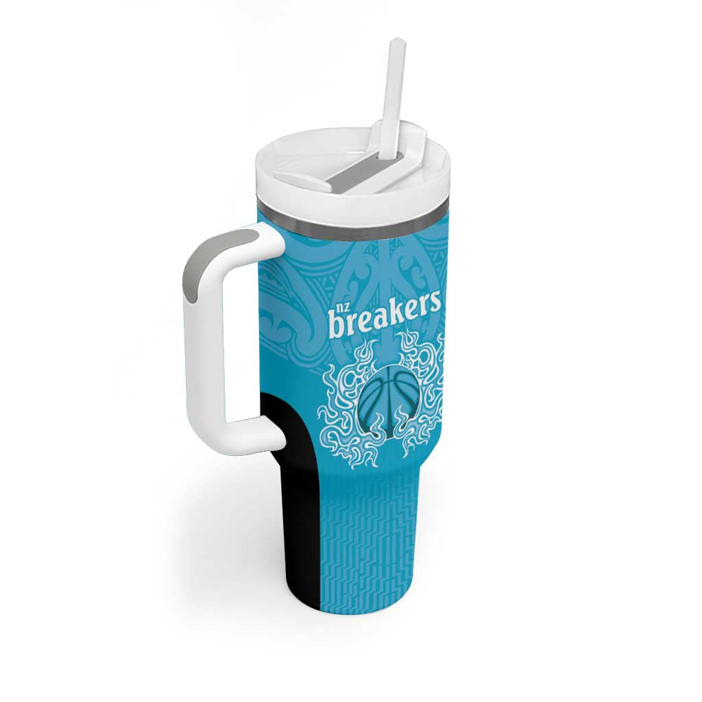 New Zealand Custom Tumbler With Handle Fire Basketball Maori Tribal Sky Blue - Aussie Hoodie