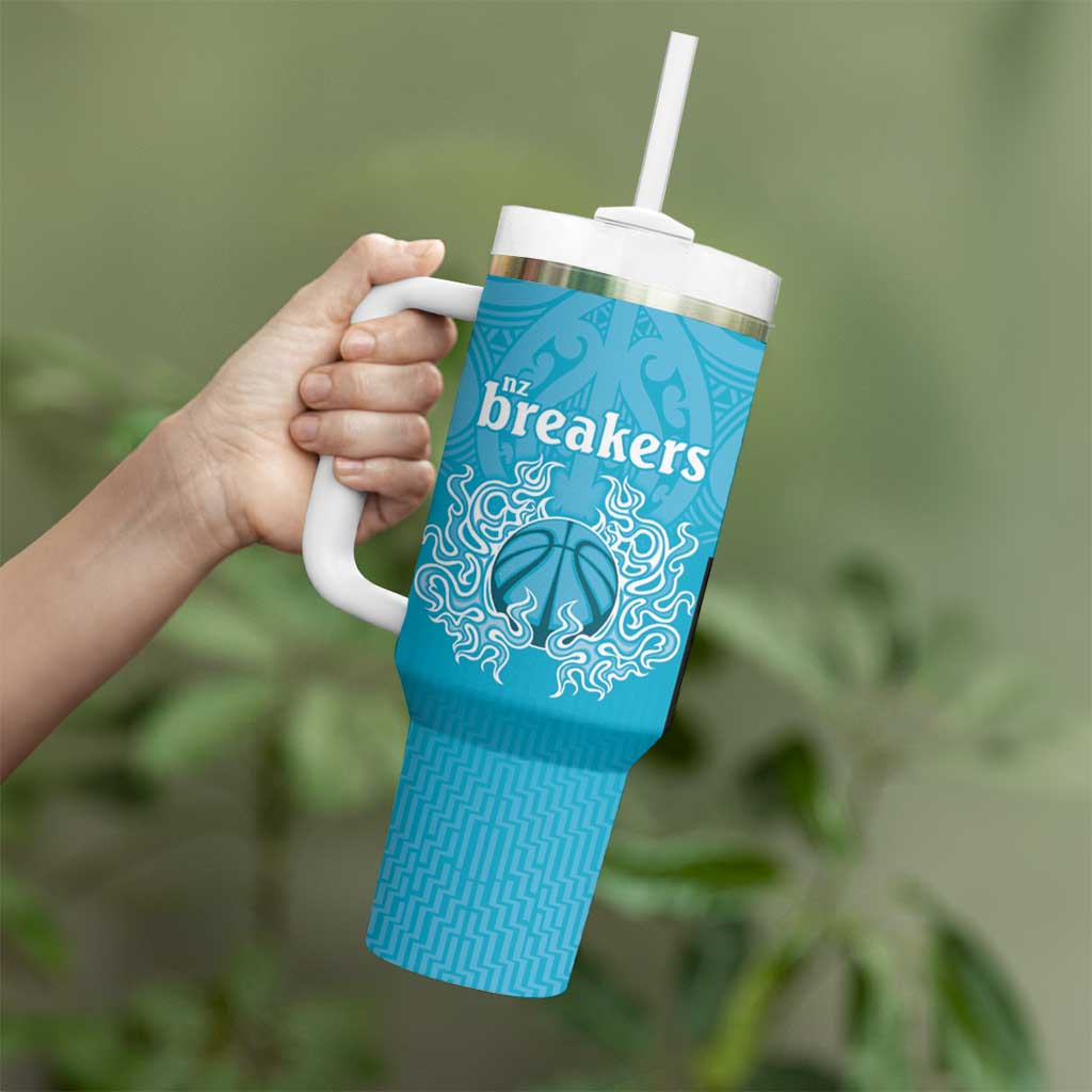 New Zealand Custom Tumbler With Handle Fire Basketball Maori Tribal Sky Blue - Aussie Hoodie