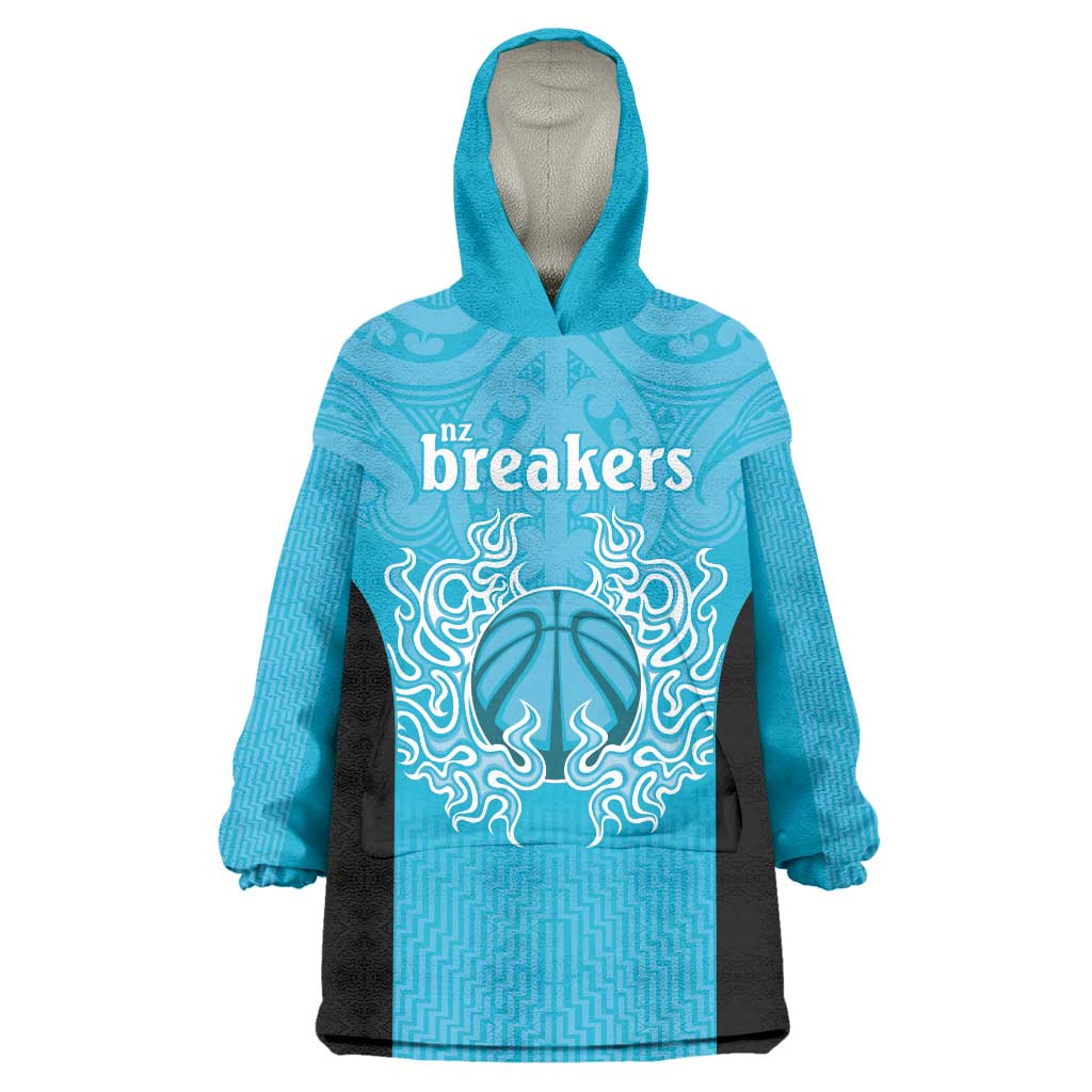 New Zealand Custom Wearable Blanket Hoodie Fire Basketball Maori Tribal Sky Blue - Aussie Hoodie