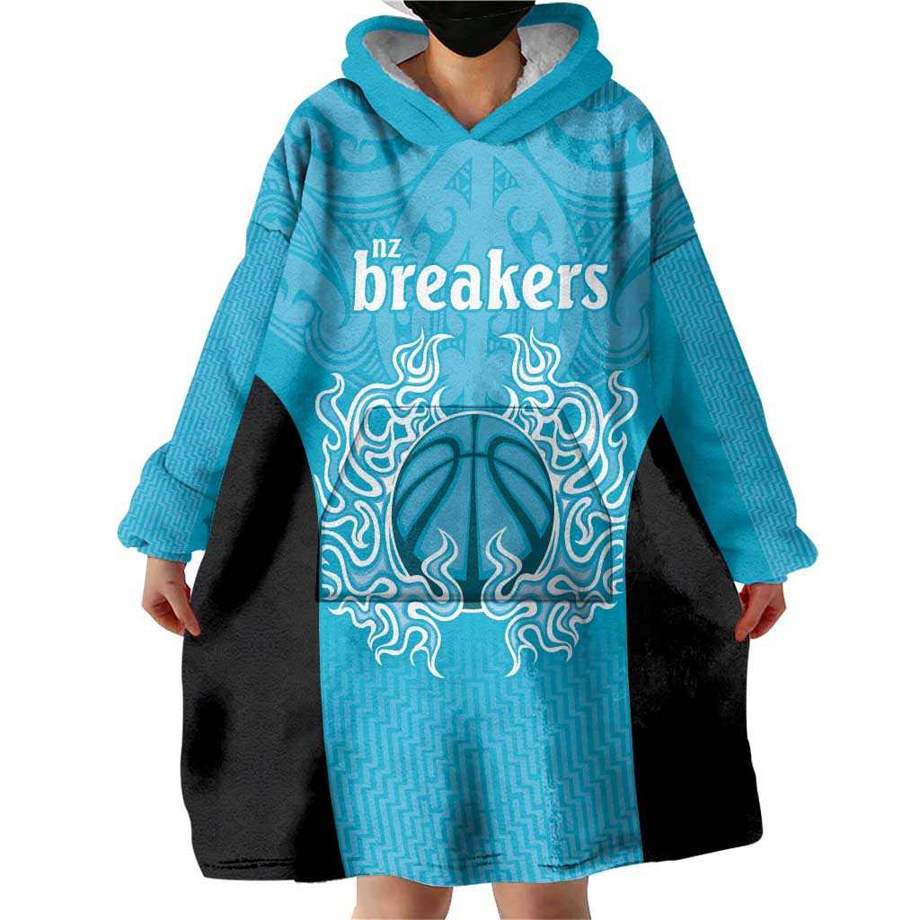 New Zealand Custom Wearable Blanket Hoodie Fire Basketball Maori Tribal Sky Blue - Aussie Hoodie