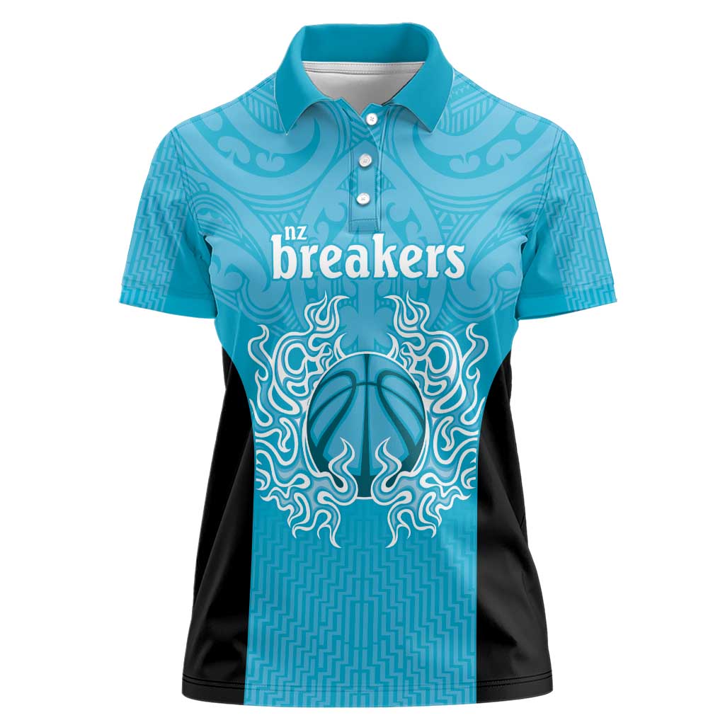 New Zealand Custom Women Polo Shirt Fire Basketball Maori Tribal Sky Blue - Aussie Hoodie