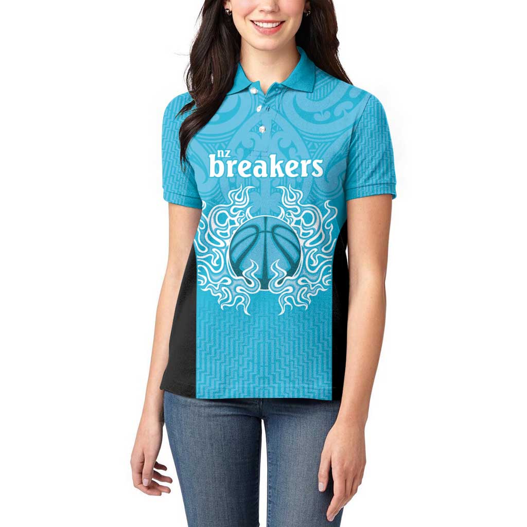 New Zealand Custom Women Polo Shirt Fire Basketball Maori Tribal Sky Blue - Aussie Hoodie