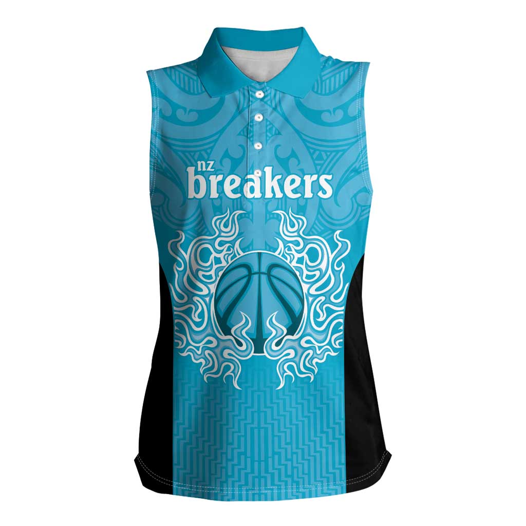 New Zealand Custom Women Sleeveless Polo Shirt Fire Basketball Maori Tribal Sky Blue - Aussie Hoodie