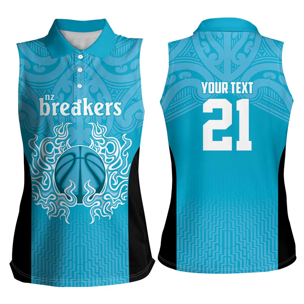 New Zealand Custom Women Sleeveless Polo Shirt Fire Basketball Maori Tribal Sky Blue - Aussie Hoodie