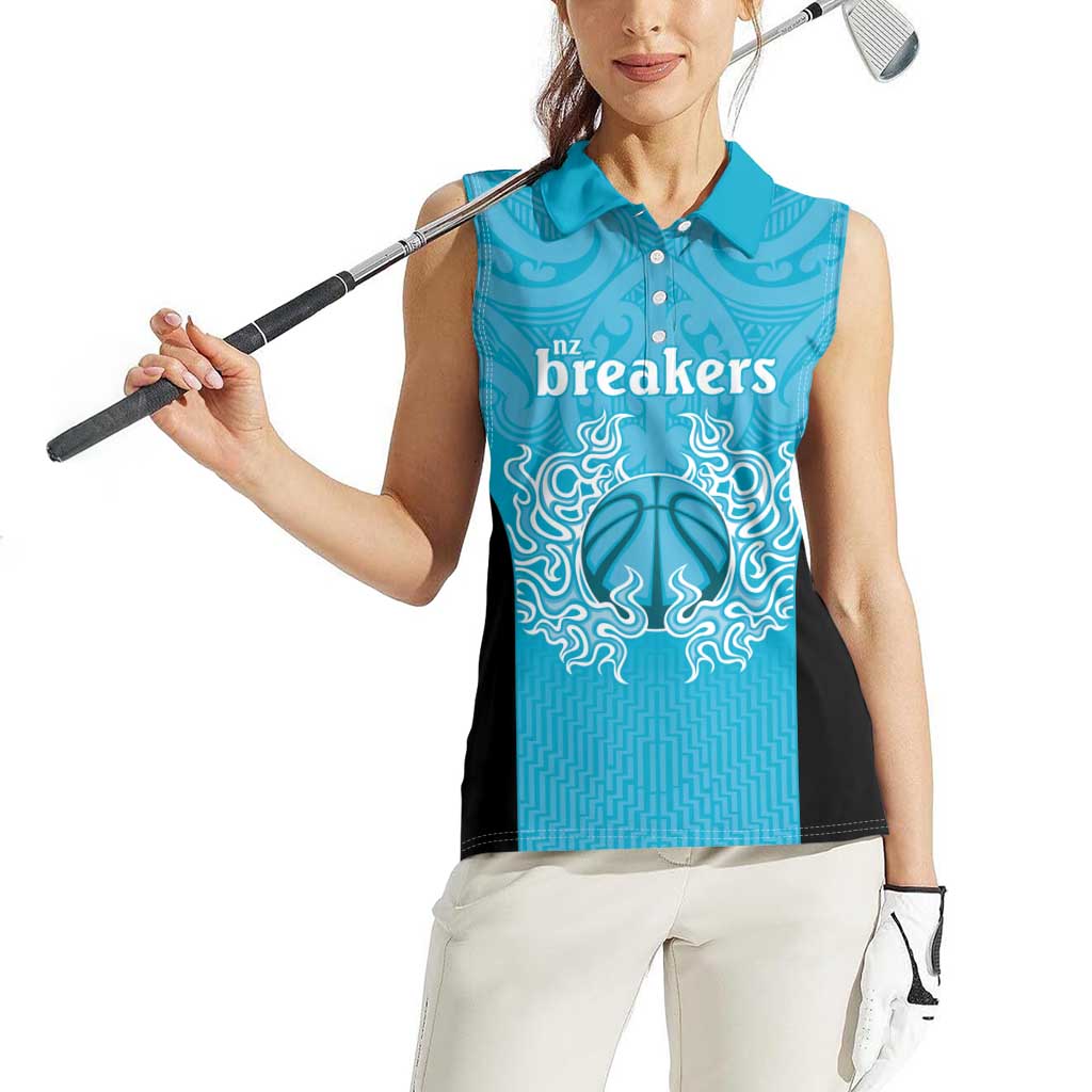 New Zealand Custom Women Sleeveless Polo Shirt Fire Basketball Maori Tribal Sky Blue - Aussie Hoodie