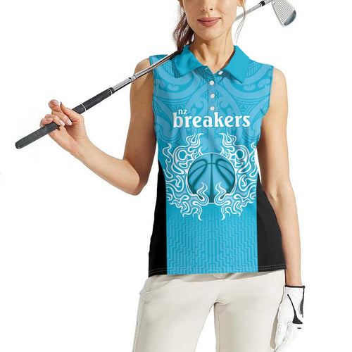New Zealand Custom Women Sleeveless Polo Shirt Fire Basketball Maori Tribal Sky Blue - Aussie Hoodie