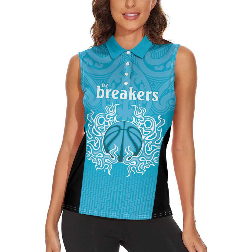 New Zealand Custom Women Sleeveless Polo Shirt Fire Basketball Maori Tribal Sky Blue - Aussie Hoodie