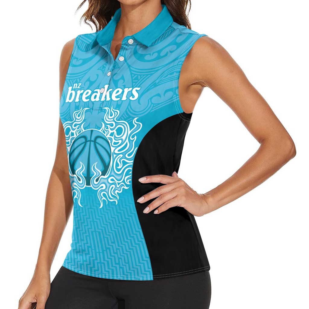 New Zealand Custom Women Sleeveless Polo Shirt Fire Basketball Maori Tribal Sky Blue - Aussie Hoodie