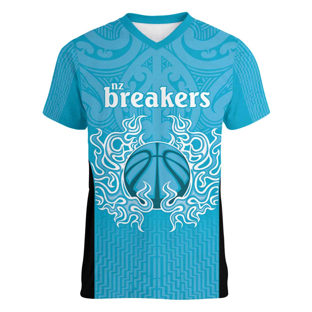 New Zealand Custom Women V-Neck T-Shirt Fire Basketball Maori Tribal Sky Blue - Aussie Hoodie