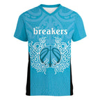 New Zealand Custom Women V-Neck T-Shirt Fire Basketball Maori Tribal Sky Blue - Aussie Hoodie