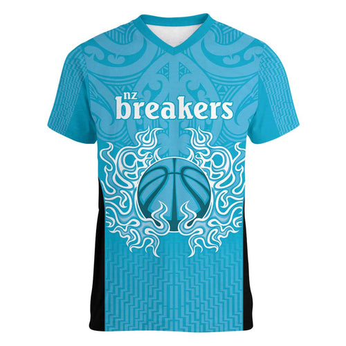 New Zealand Custom Women V-Neck T-Shirt Fire Basketball Maori Tribal Sky Blue - Aussie Hoodie