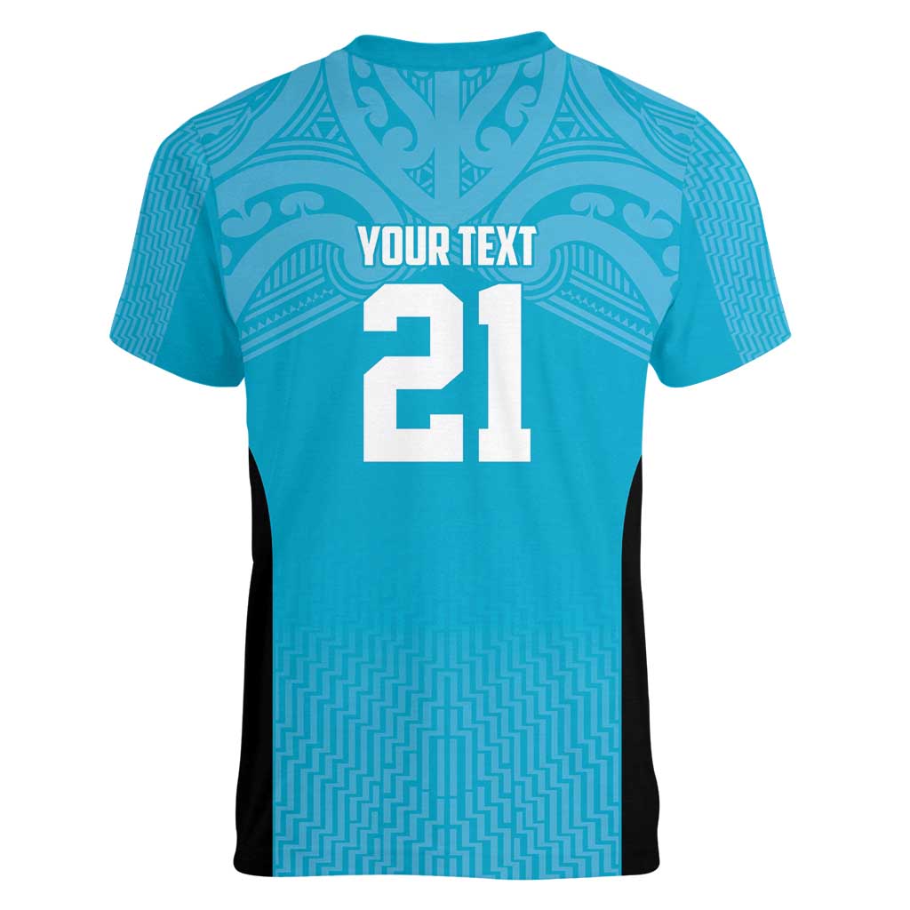 New Zealand Custom Women V-Neck T-Shirt Fire Basketball Maori Tribal Sky Blue - Aussie Hoodie