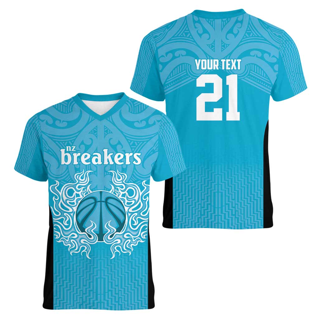 New Zealand Custom Women V-Neck T-Shirt Fire Basketball Maori Tribal Sky Blue - Aussie Hoodie
