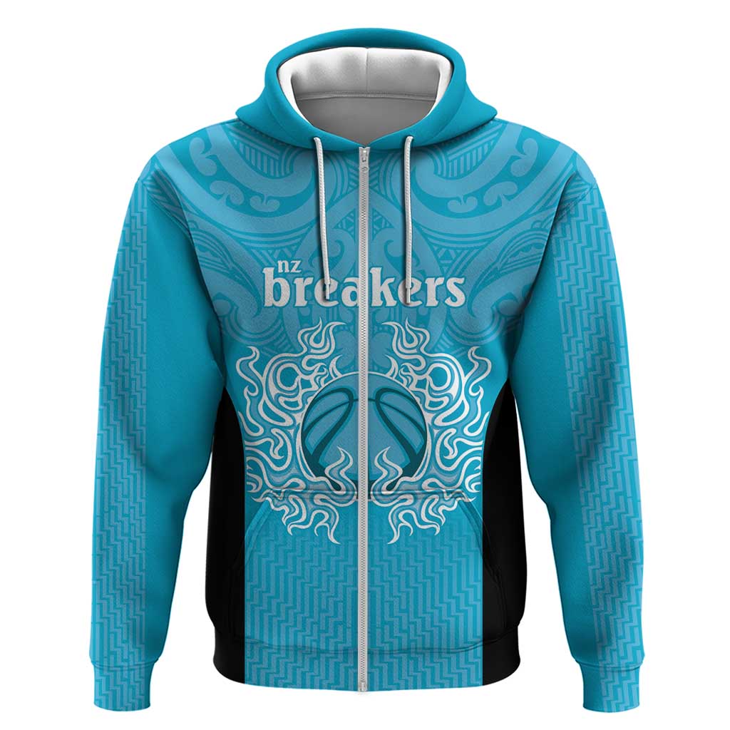 New Zealand Custom Zip Hoodie Fire Basketball Maori Tribal Sky Blue - Aussie Hoodie