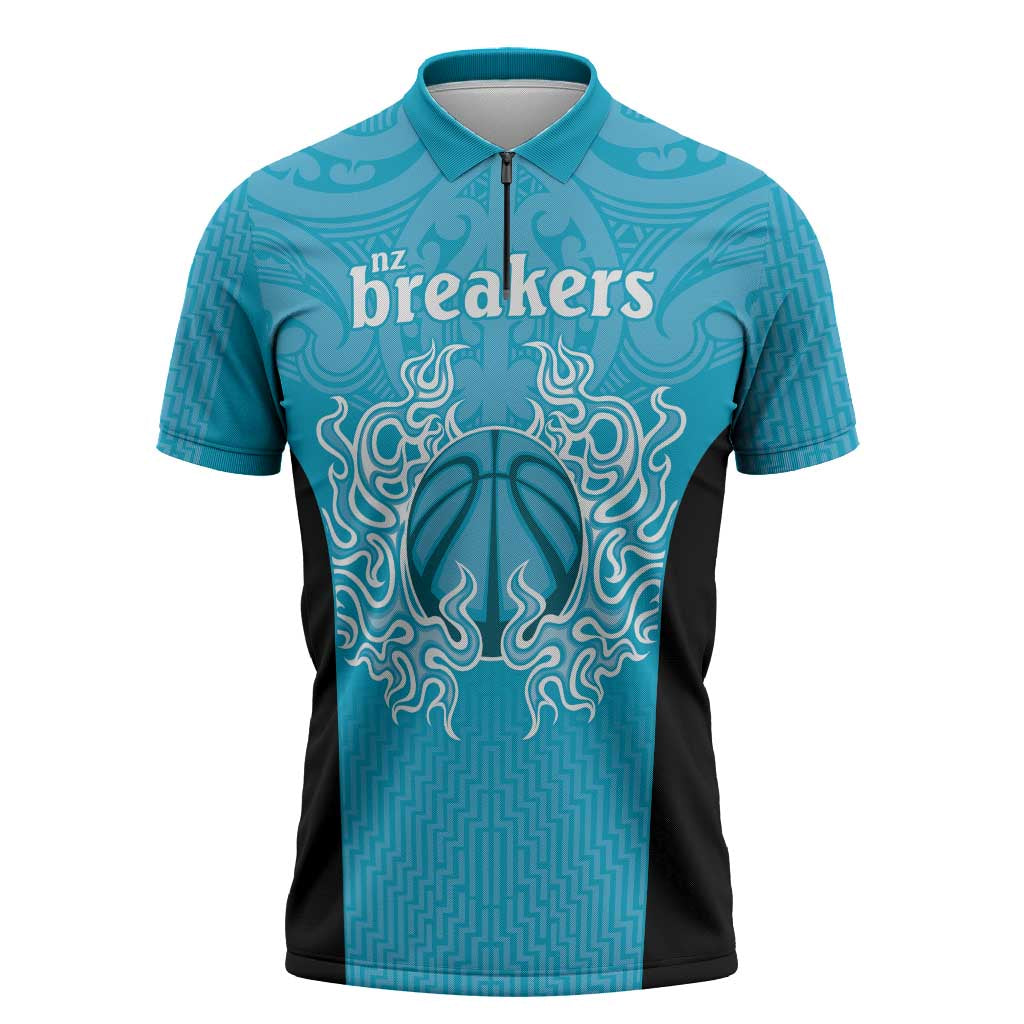 New Zealand Custom Zipper Polo Shirt Fire Basketball Maori Tribal Sky Blue - Aussie Hoodie