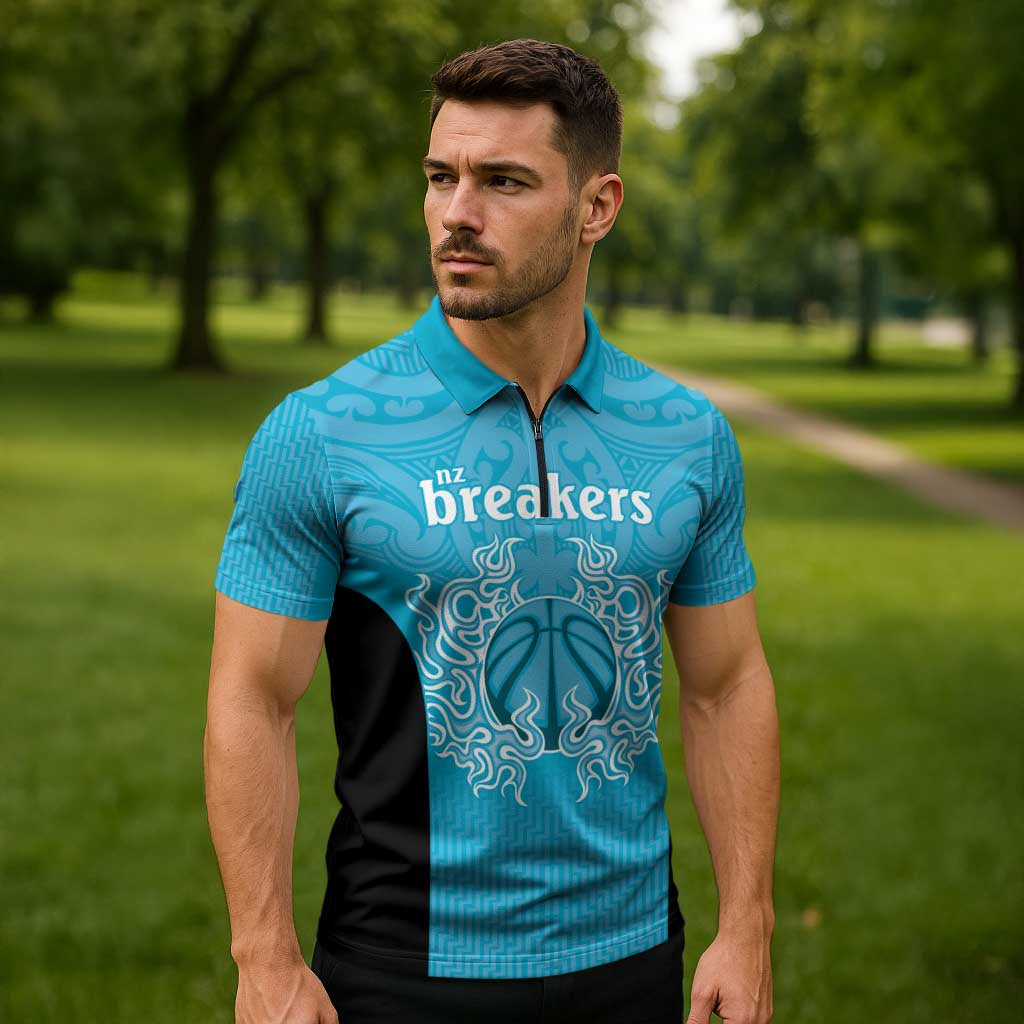 New Zealand Custom Zipper Polo Shirt Fire Basketball Maori Tribal Sky Blue - Aussie Hoodie