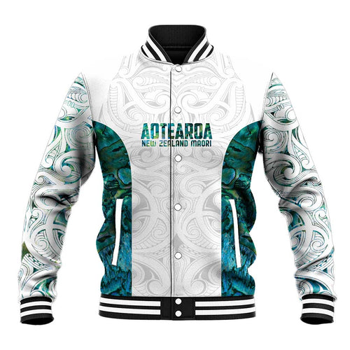 Custom New Zealand Aotearoa Baseball Jacket Green Maori Paua Shell Indigenous - Aussie Hoodie