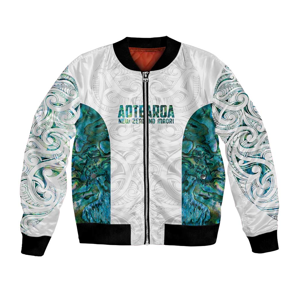 Custom New Zealand Aotearoa Bomber Jacket Green Maori Paua Shell Indigenous - Aussie Hoodie