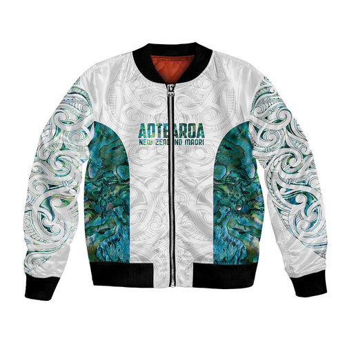 Custom New Zealand Aotearoa Bomber Jacket Green Maori Paua Shell Indigenous - Aussie Hoodie